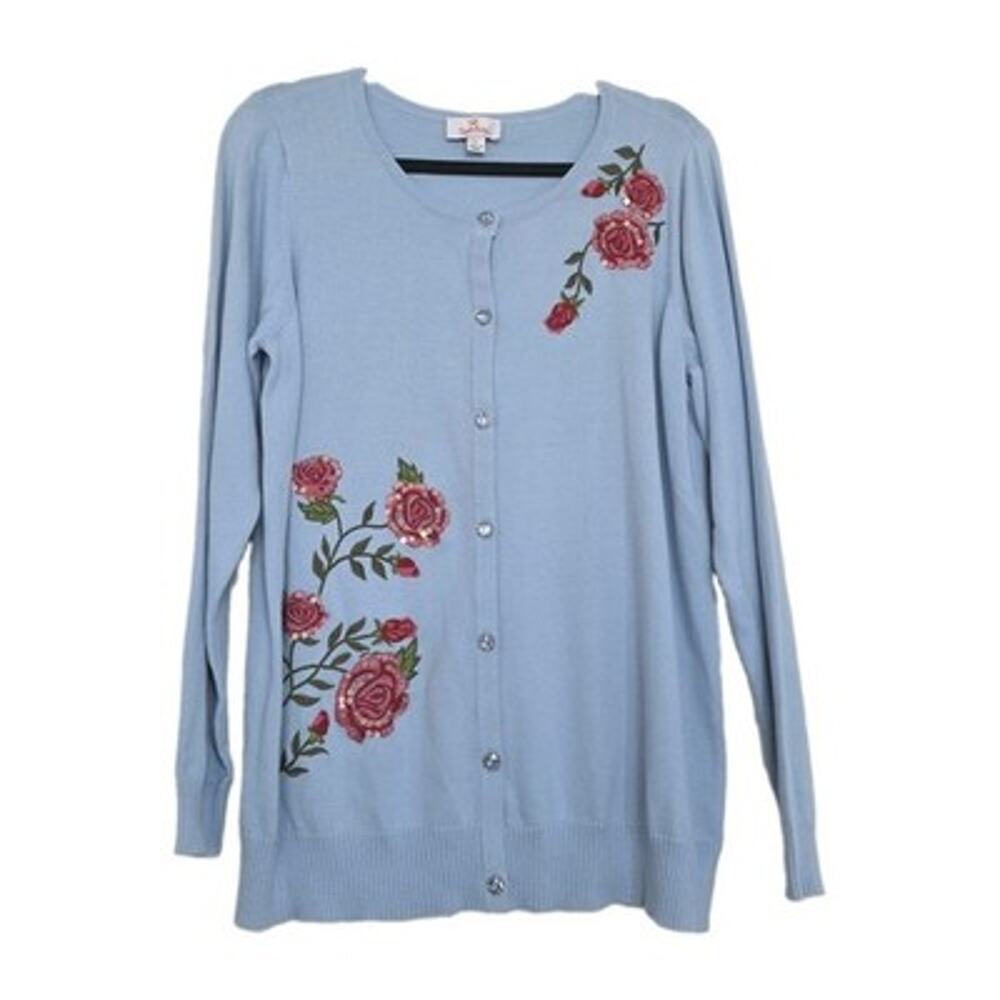 Vtg Quacker Factory Embroidered Floral Cardigan Sweater Womens L Blue Grandma
